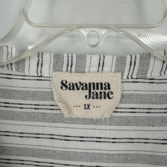 Savanna Jane Boho Top White Black Stripe Floral Embroidered Tie Neck Size 1X - Picture 8 of 9